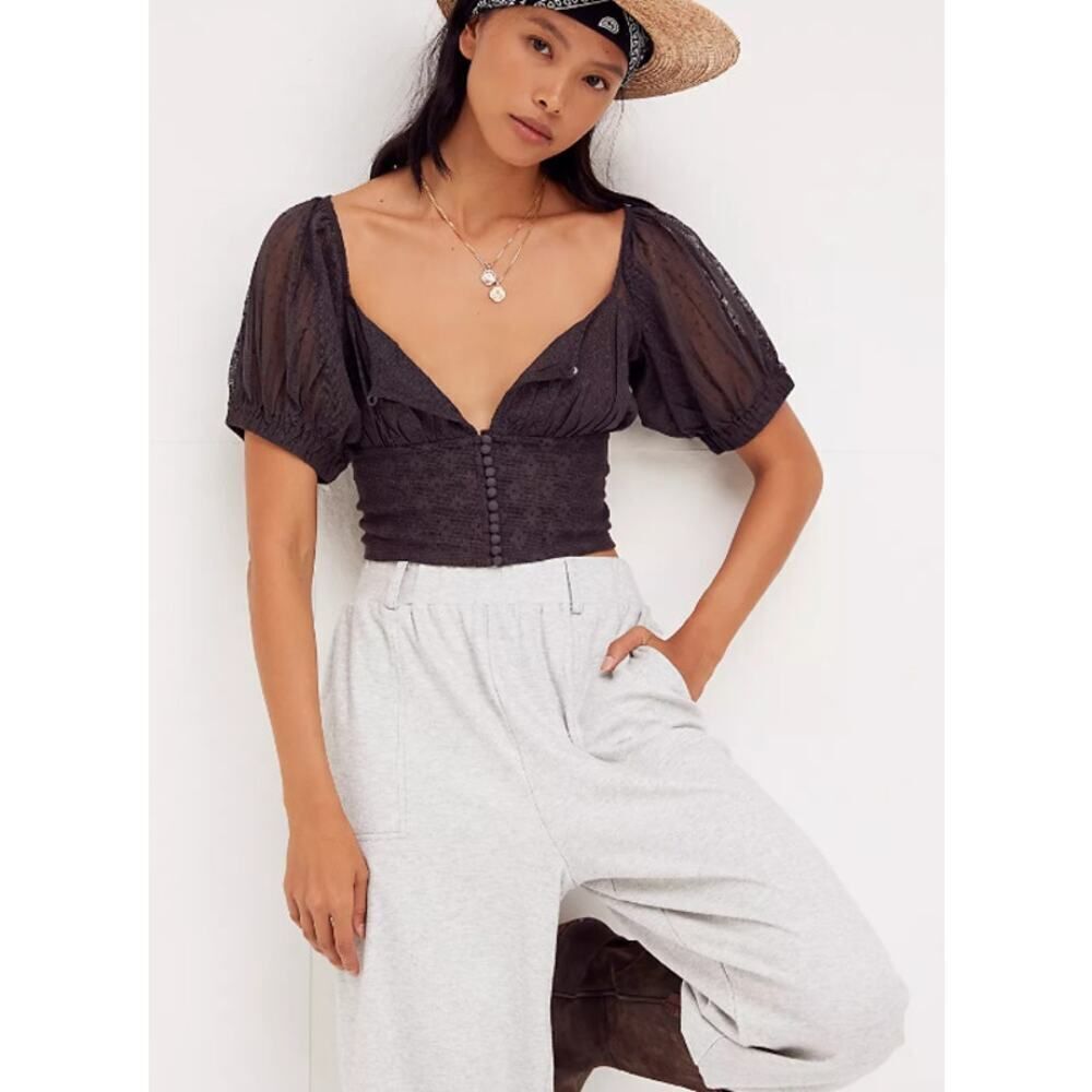 Free People Heartstrings‎ Top Women's XS Gray Mesh Puff Sleeve Button Semi Sheer